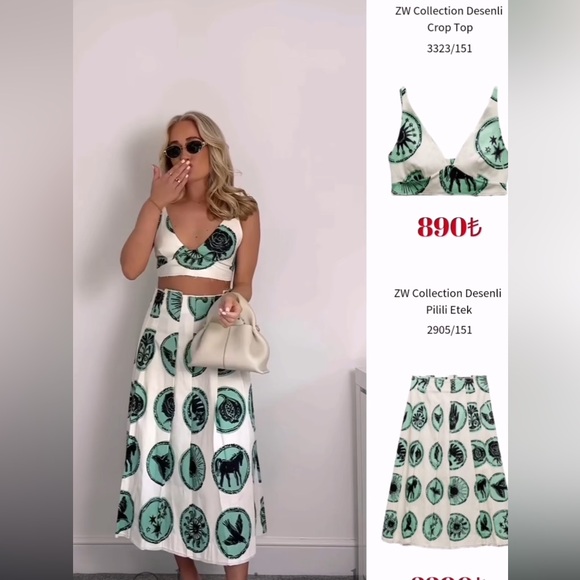 ZARA 2 PIECES MATCHING SET PRINTED CROP TOP AND PRINTED BOX PLEAT SKIRT - Picture 1 of 16